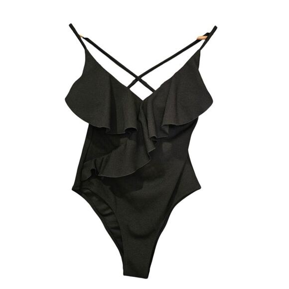 Cupshe Happy Ending Ruffle Ribbed One Piece Swimsuit Black NWT - Picture 2 of 6